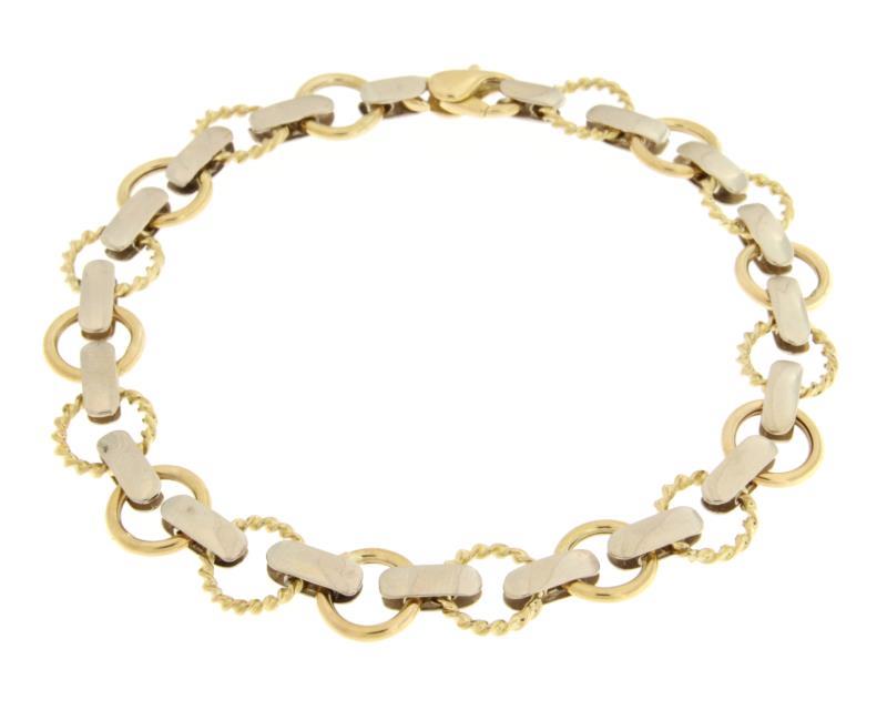 BRACCIALE MAGLIA AD ANELLI ALTERNATI A BARRETTA  LUCIDI E LAVORATI  LUNGH CM 2 LARGH MM 9 ORO GIALLO E BIANCO 750/1000 GR 11.8