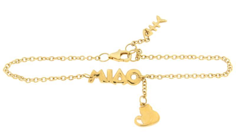 BRACCIALE MAGLIA ROLÒ CON CON SCRITTA "MIAO", GATTINO PENDENTE E LISCA DI PESCE NELLA CHIUSURA LUNG CM 19 LARGH CM 0.20 ORO GIALLO 750/1000 GR 4.50