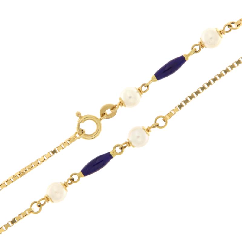 COLLANA MAGLIA VENETA CON ALTERNANZA DI PERLE E SEGMENTI DI SMALTO BLU LUNGH CM 72 LARGH CM 0.20 ORO GIALLO 750/1000 GR 15.60